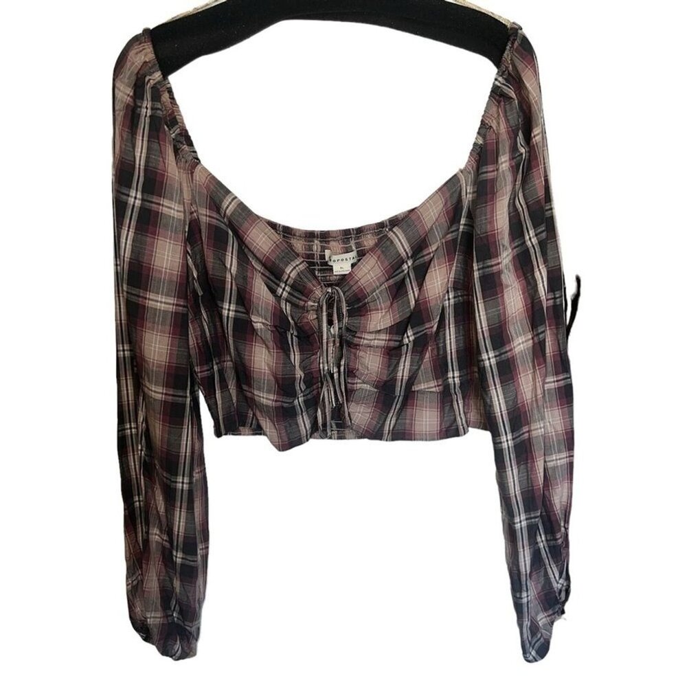 Aeropostale Womens Off-Shoulder Plaid Top XL Casual Long Sleeve Multicolor NWT